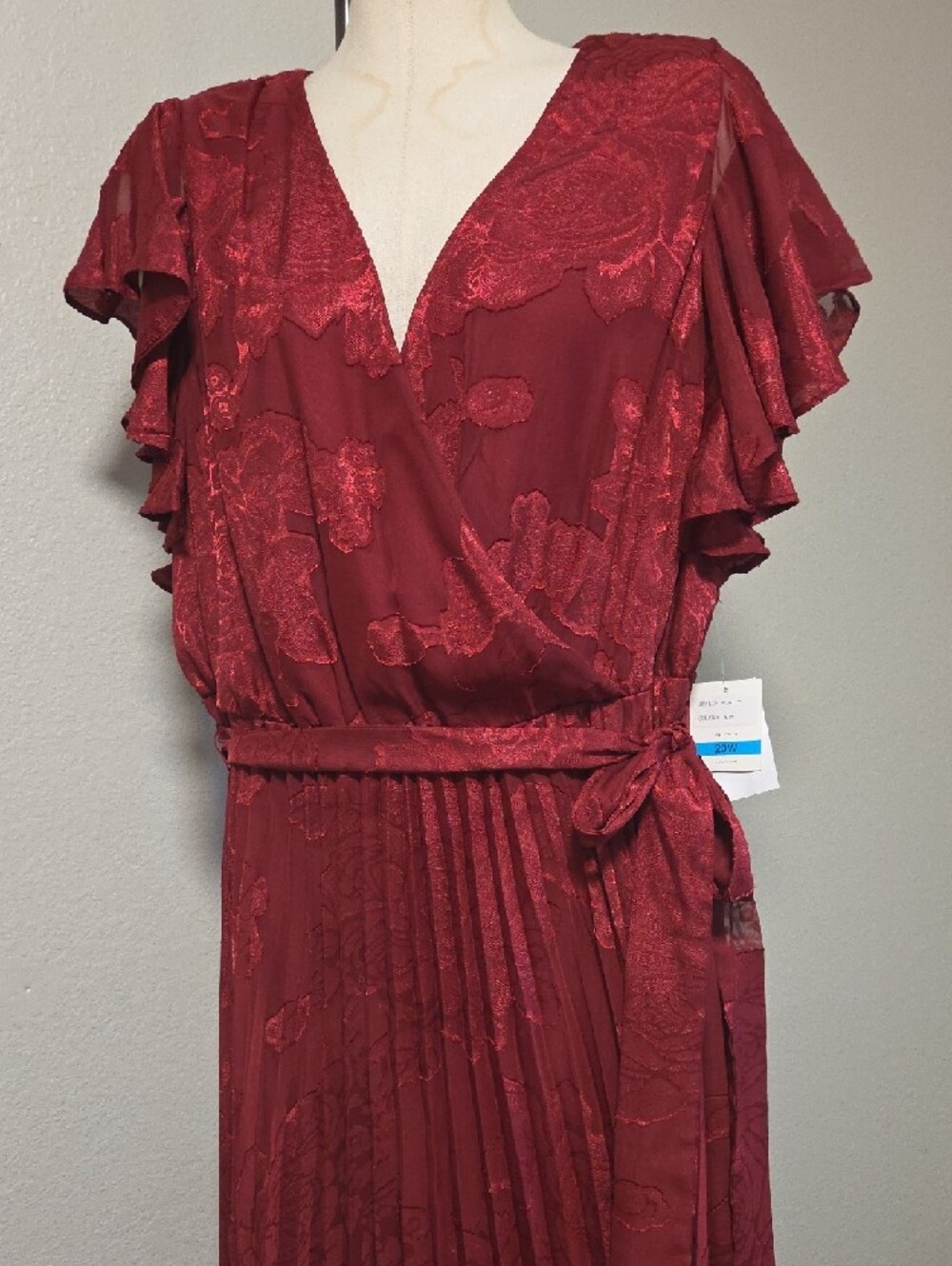 Women's Burgundy V-Neck Pleated Wrap Dress - Picture 2 of 8